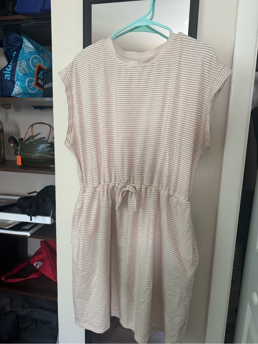 Cream & Light Brown Striped Drawstring Waist Dress